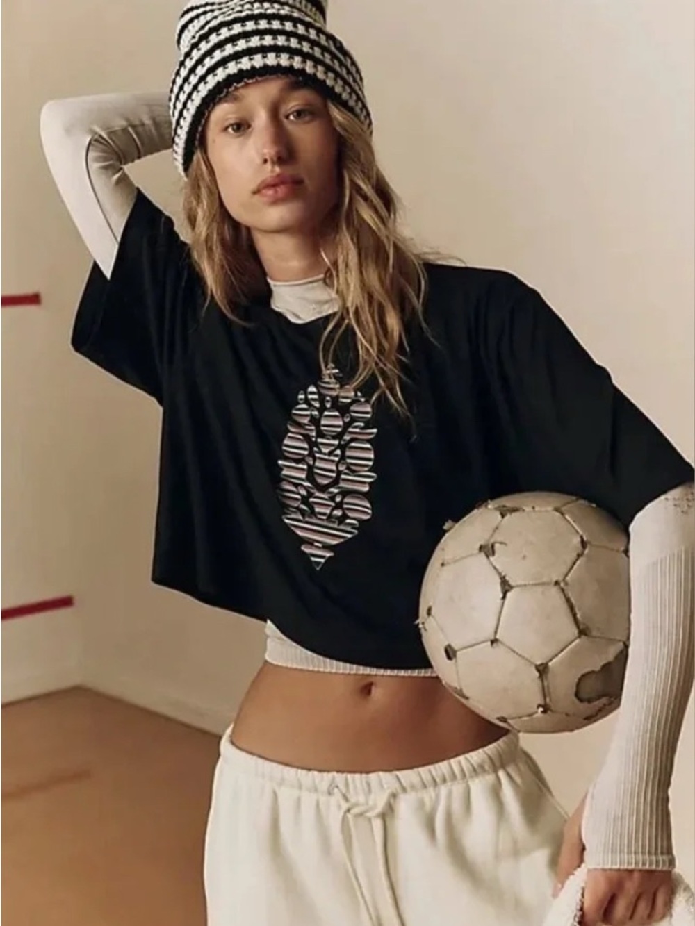 Free People Movement Tempo Cropped Logo Boyfriend Tee. NWOT. Striped black combo